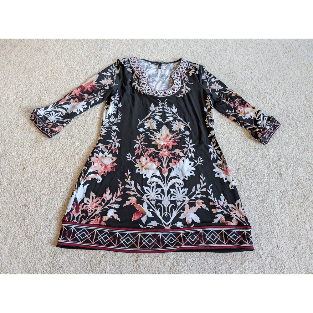 White House Black Market Tunic Black Floral Shirt Dress Womens Size S